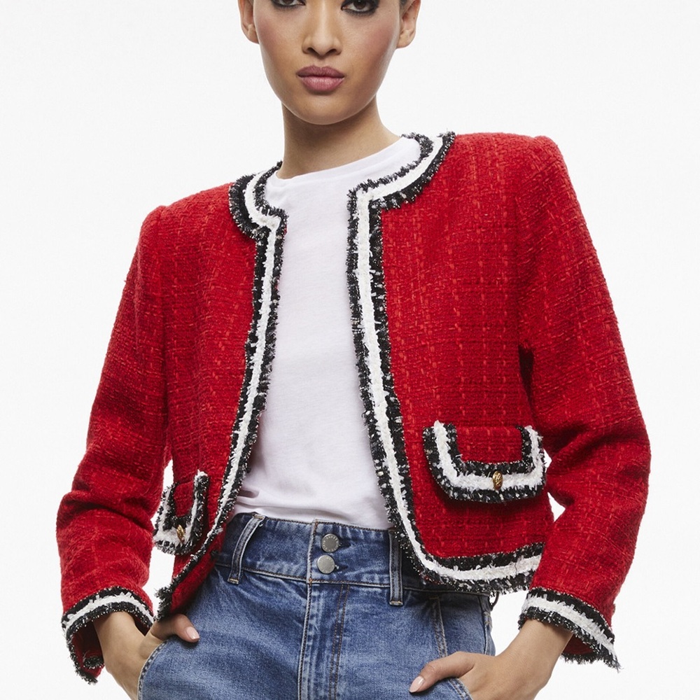 Alice + Olivia Red Tweed Landon Jacket Blazer NWT $595 S